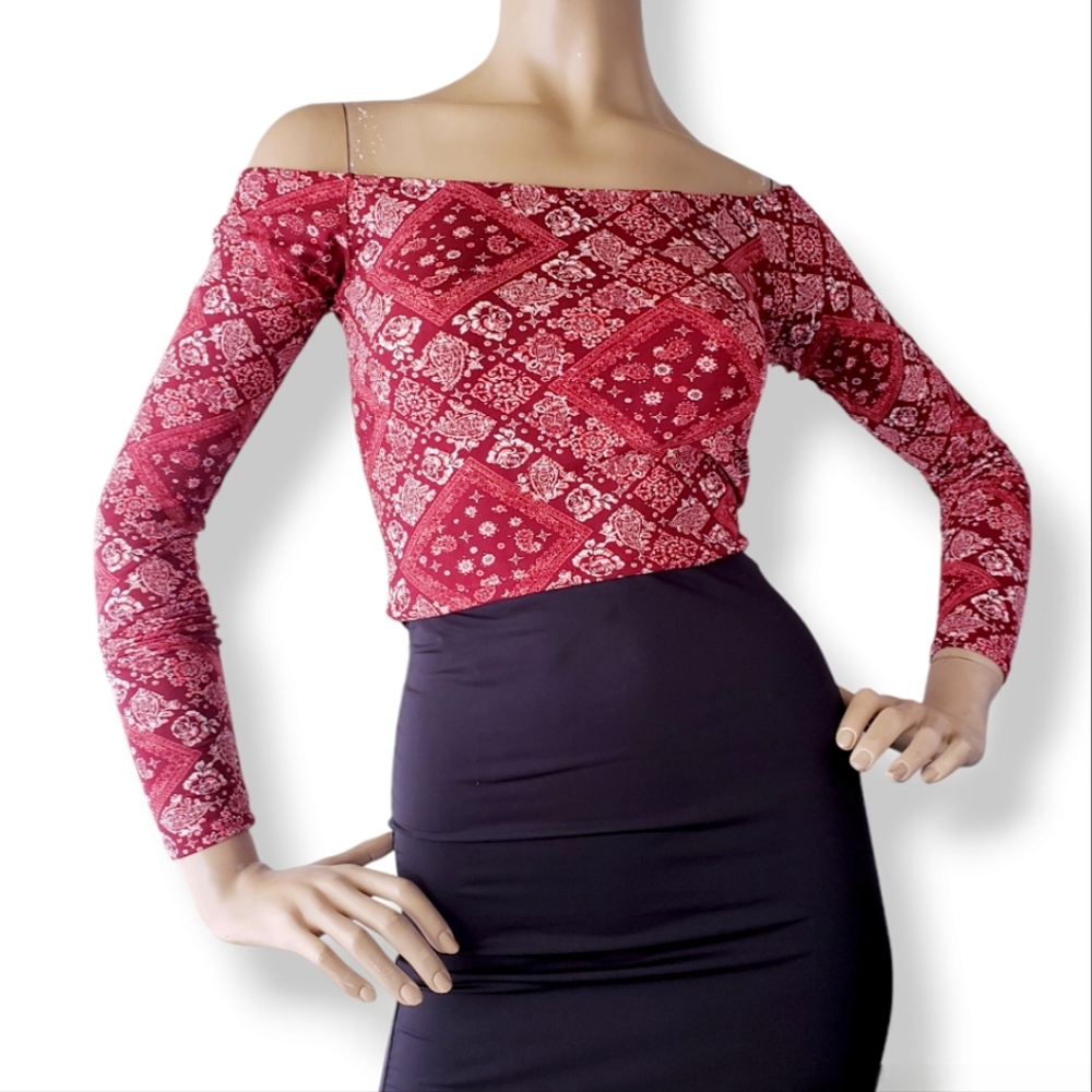 Honey Punch Red Paisley Bandana Print Off Shoulder Crop Top